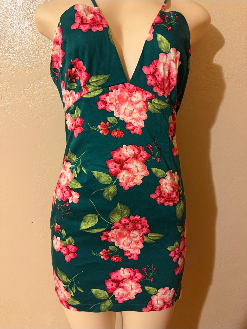 Forever 21 Teal Floral Plunge Mini Dress